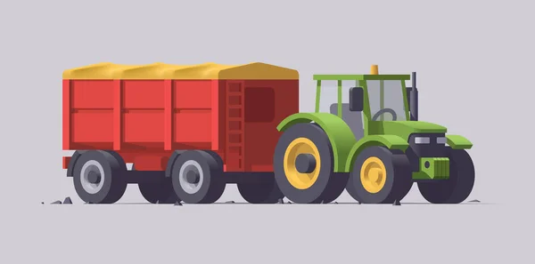 Tractor Verde Aislado Con Remolque Rojo Sobre Fondo Gris Ilustración — Archivo Imágenes Vectoriales