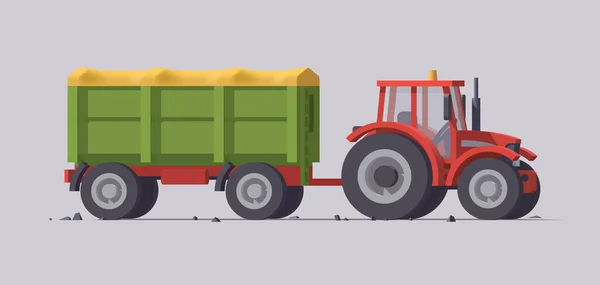 Tractor Rojo Aislado Con Remolque Verde Sobre Fondo Gris Ilustración — Vector de stock