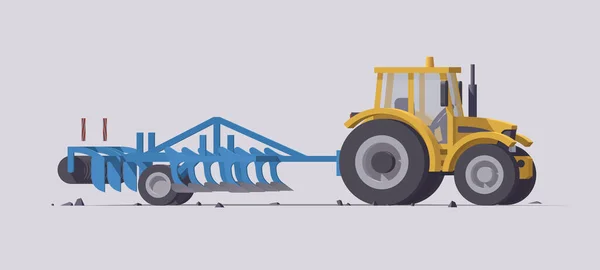 Tractor Amarillo Aislado Con Cultivador Sobre Fondo Gris Ilustración Vectorial — Vector de stock