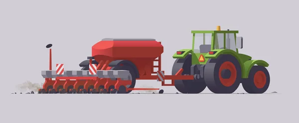 Isolerad Grön Traktor Med Planter Eller Såmaskin Grå Bakgrund Fältsådd — Stock vektor