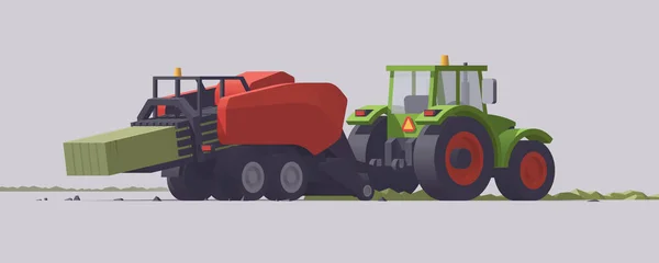 Vereinzelter Grüner Traktor Mit Großer Quadratischer Ballenpresse Auf Grauem Hintergrund — Stockvektor