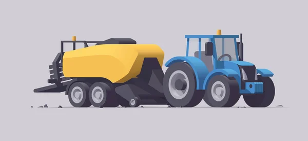 Elszigetelt Kék Traktor Nagy Négyszögletes Bálázóval Szürke Háttérrel Vektorillusztráció — Stock Vector