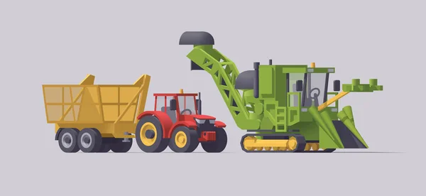 隔离的农业甘蔗套件 绿色甘蔗收割机和红色拖拉机 带有灰色背景的甘蔗拖车 矢量说明 — 图库矢量图片