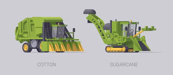 Odizolowany Zestaw Rolniczy Zielony Zbieracz Bawełny Zielony Kombajn Trzciny Gąsienicowej — Wektor stockowy
