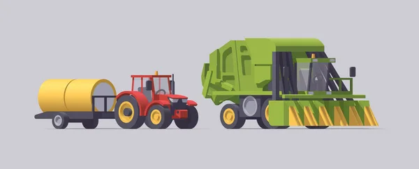 Isolierte Landwirtschaftliche Baumwolle Set Grüner Baumwollpflücker Roter Traktor Mit Großen — Stockvektor