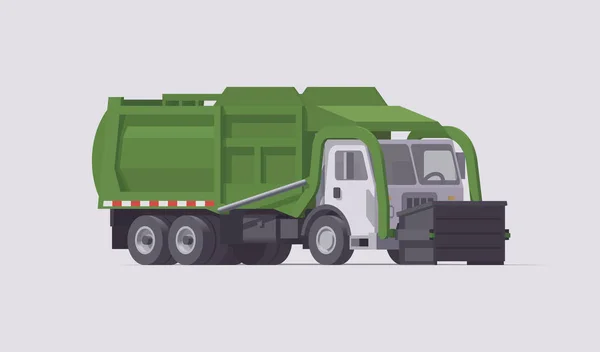 Camião Lixo Verde Vetorial Carregador Frontal Carregamento Lixo Isolado Ilustração — Vetor de Stock