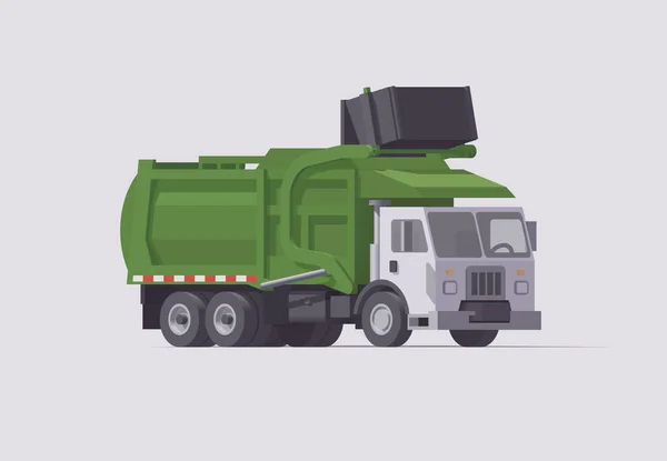 Camião Lixo Verde Vetorial Carregador Frontal Carregamento Lixo Isolado Ilustração —  Vetores de Stock
