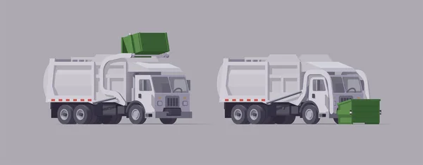 Vektor Putih Truk Sampah Ditetapkan Pembuka Depan Beban Sampah Ilustrasi - Stok Vektor