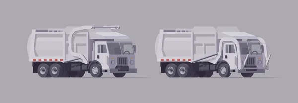 向量白色垃圾车组 前面的装载机孤立的例证 — 图库矢量图片