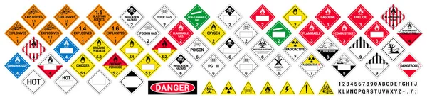 Vektör tehlikeli madde işaretleri. Küresel Uyumlu Sistem uyarı işaretleri. Tüm sınıflar. Hazmat izole pankartlar
