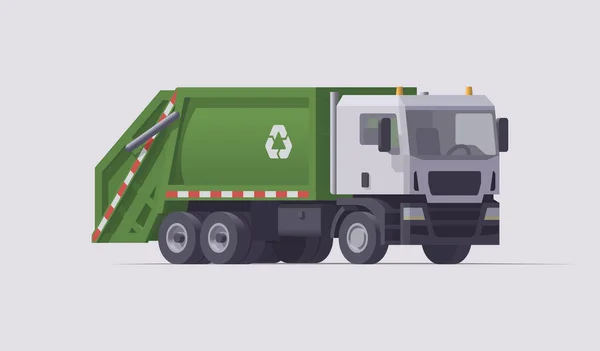 Camião Lixo Verde Vetorial Carregador Traseiro Isolado Ilustração Recolha — Vetor de Stock