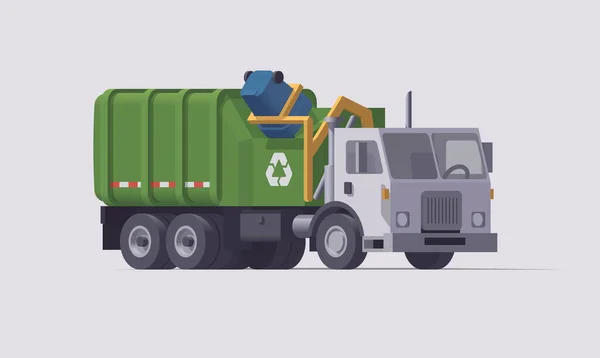 向量绿色垃圾车 侧面装载机 垃圾装载 孤立的例证 — 图库矢量图片