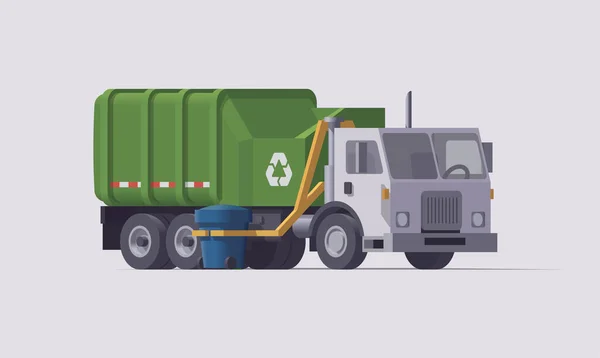 Camião Lixo Verde Vetorial Carregador Lateral Carregamento Lixo Isolado Ilustração — Vetor de Stock
