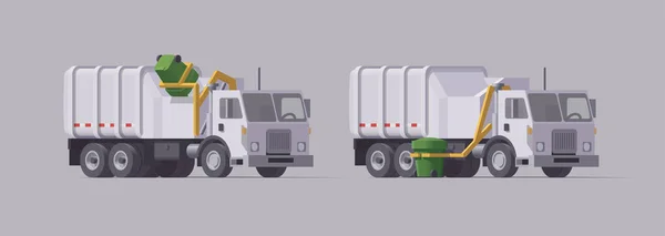 Vektör beyaz çöp kamyonu ayarlandı. Yan yükleyici. Çöp yüklemesi. İzole bir illüstrasyon. Koleksiyon