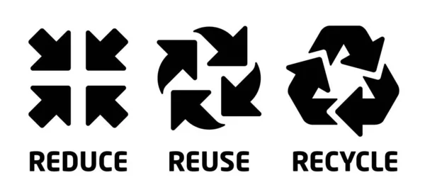Vector Reduce Conjunto Símbolos Reciclaje Reutilización Iconos Negros Sobre Fondo — Vector de stock