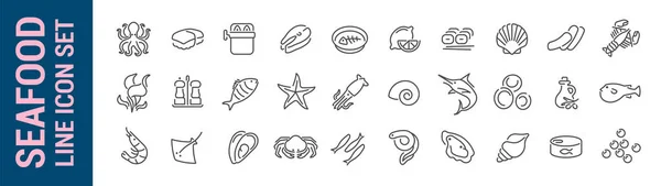 Set Iconos Línea Mariscos Esboza Iconos Aislados Peces Crustáceos Moluscos — Vector de stock