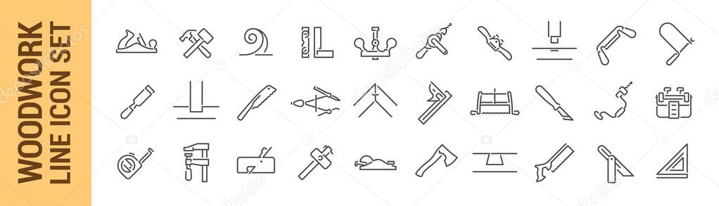 Woodworking vector isolated line icon set. Carpenter tools. Collection