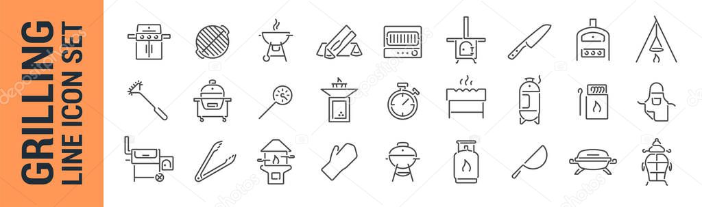 Grilling vector isolated line icon set. BBQ barbecue grill. Collection
