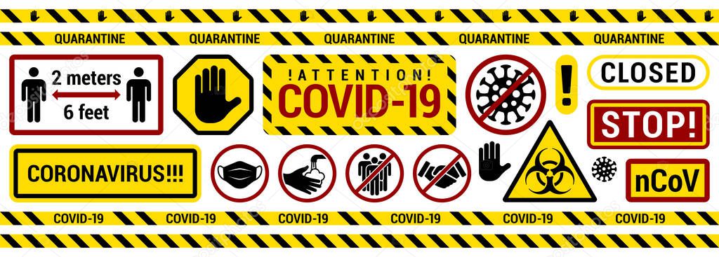 Coronavirus quarantine signs and stripes. Black yellow red. Isolated on white background. Vector illustration