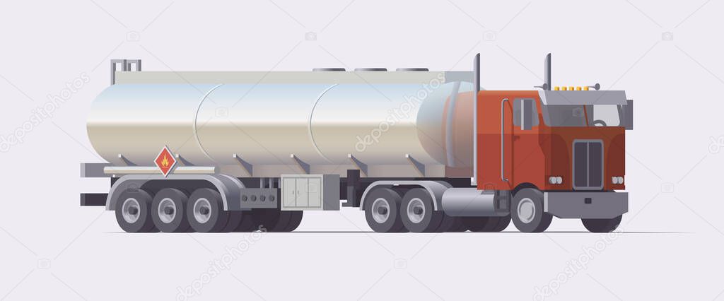 Semi truck carrying gasoline tank trailer. Isolated american retro tractor. Vector illustration. Collection