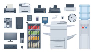 Flat office equipment set. Vector illustration. Collection clipart