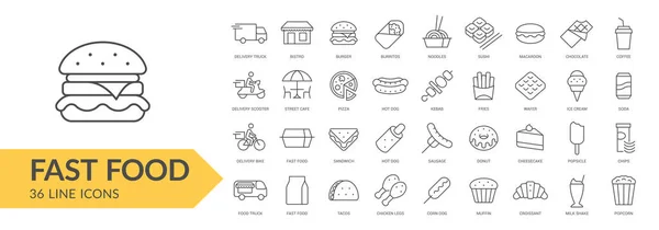 Fast Food Linie Icon Set Vereinzelte Zeichen Auf Weißem Hintergrund — Stockvektor