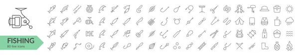 Ligne Pêche Icône Ensemble Poissons Prises Outils Autres Produits Pêche — Image vectorielle