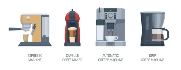 Επίπεδες Καφετιέρες Έτοιμες Αυτόματη Καφετιέρα Μηχανή Espresso Καφετιέρα Κάψουλα Καφετιέρα — Διανυσματικό Αρχείο