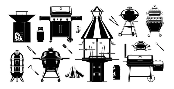 Grill Bbq Sihouette Set Grillningsverktyg Träkolsgrillar Gasgrillar Vedeldade Grillar Vektorillustration — Stock vektor