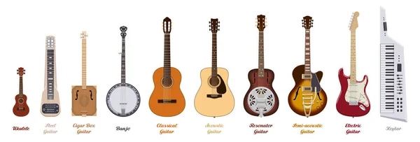 Gitar ayarlandı. Beyaz arka planda farklı türde gerçekçi gitarlar. Müzik aletleri. Vektör illüstrasyonu... koleksiyon
