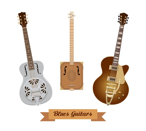 Kytara Nastavena Realistické Blues Kytary Bílém Pozadí Hudební Nástroje Vektorová — Stockový vektor