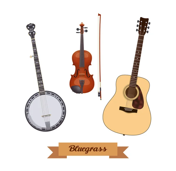 Kytara Nastavena Realistické Bluegrassové Nástroje Bílém Pozadí Housle Banjo Kytara — Stockový vektor