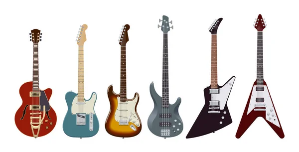 Jeu Guitare Guitares Électriques Réalistes Sur Fond Blanc Instruments Musique — Image vectorielle