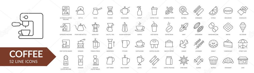 Coffee line icon set. Coffee makers, dishes, spices. Vector illustration