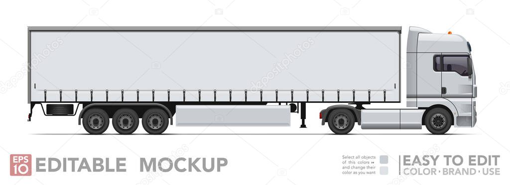 Editable semi truck mockup. Realistick tractor & tilt trailer on white background. Vector illustration. Collection