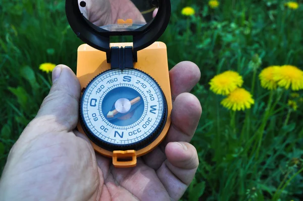 Compass in hand, against the background of blooming meadows. — Stock Photo, Image