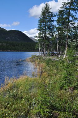 bir göl ve dağ boyunca manzara.