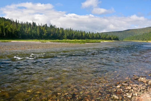 Río Shchugor en la taiga montañosa de los Urales del Norte . — Foto de Stock