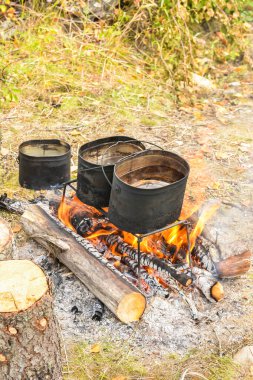 Kamp ateşi. Vahşi doğada yemek pişirmek..
