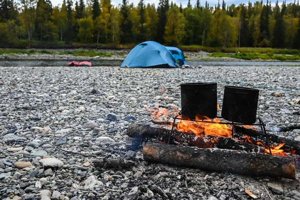 Kampvuur Eten Het Wild Brand Koken — Stockfoto