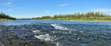 Kuzey nehrinin panoraması. Su manzarası, Kutup Urallarının doğu yamacındaki nehir..
