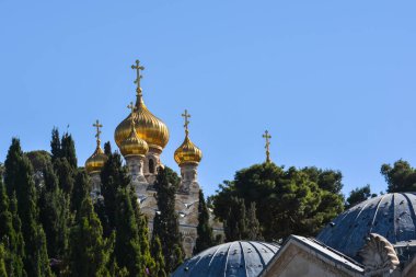 Gethsemane 'deki St. Mary Magdalene Kilisesi. Kudüs 'teki Zeytin Dağı yamacında Rus Ortodoks Katedrali.