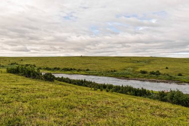 Tundra in the Polar Urals. Summer landscape in a natural park in Yamal. clipart