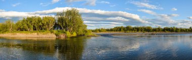 Kuzey Tayga nehrinin panoraması. Rusya 'nın kuzeyinde yaz suyu manzarası.