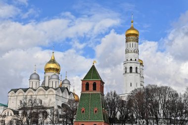 Kremlin Katedralleri. Beyaz taş tapınakların altın kubbeleri.