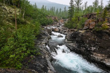 Putorana Platosu, Grayling Nehri 'nde bir şelale. Bulutlu bir günde dağ deresi.