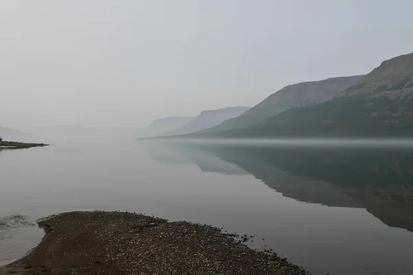 Putorana Plateau Fog Mountain Lake Water Landscape Foggy Haze — Stock Photo, Image