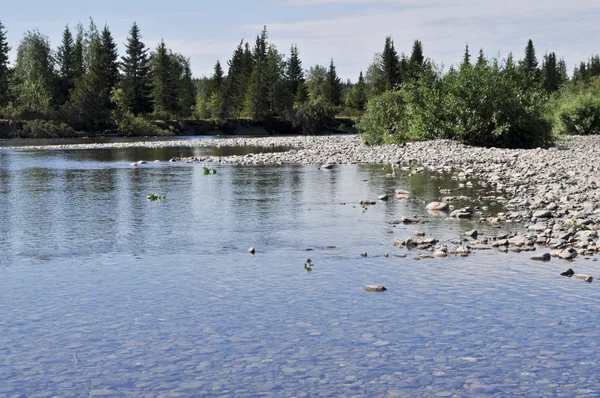 Noordelijke rivier van de kiezelstranden oevers. — Stockfoto