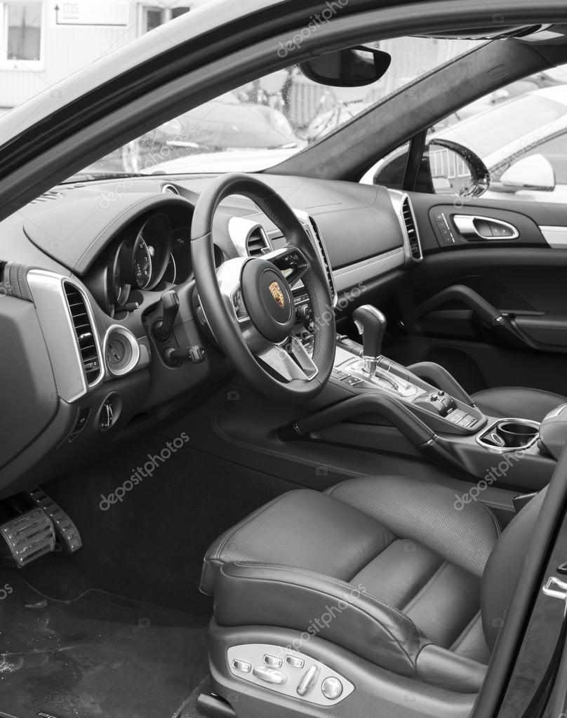 Black exclusive leather interior of a 2016 Porsche Cayenne Turbo SUV