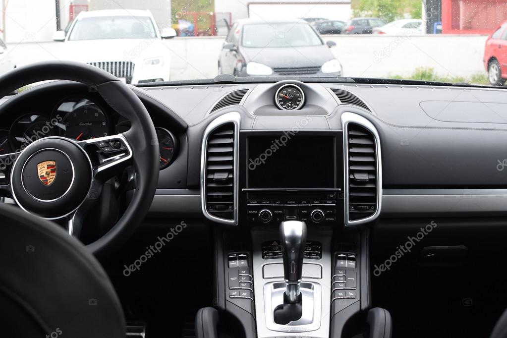 Black exclusive leather interior of a 2016 Porsche Cayenne Turbo SUV